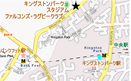 キングストン駅周辺とスタジアムへの地図